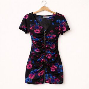 MINKPINK | Black, Blue & Pink Floral Zip-Up Mini Dress – Women’s Medium